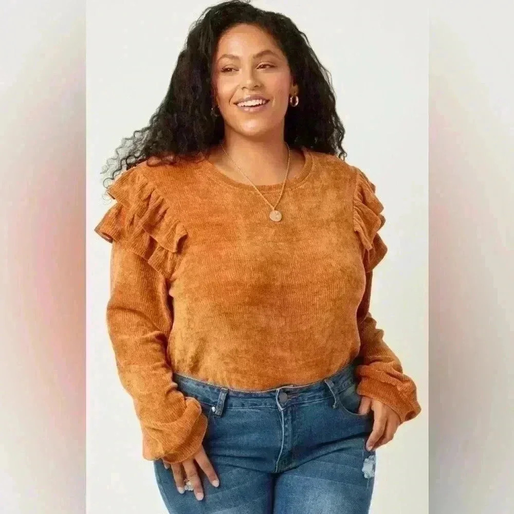 NWOT HAYDEN L.A. Ruffle Shoulder Caramel Knit Top | size 1XL - Picture 7 of 7